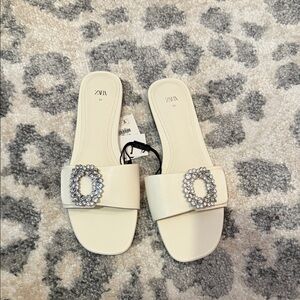 Zara Women's White Slide Sandals with Crystal Buckle